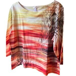 Chico's Women's 3/4 Sleeve Boat Neck Top Colorful Tropical Embellished Sz 3 (XL)